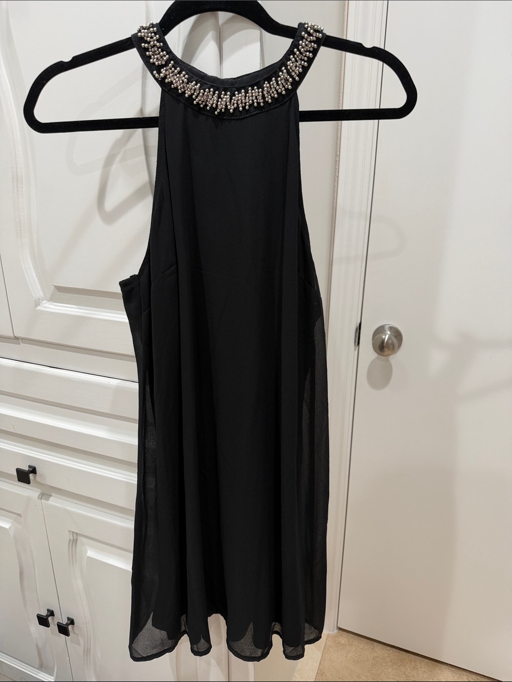 Francesca's Collections Black Beaded Halter Mini Dress